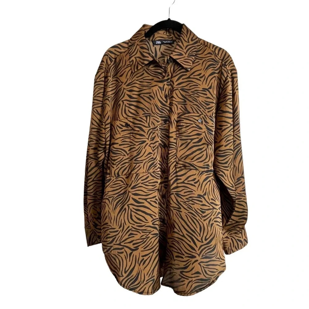 Zara Tiger Mob Wife Button Up Shirt Womens L Earthy Brown Black Long Sleeve Top